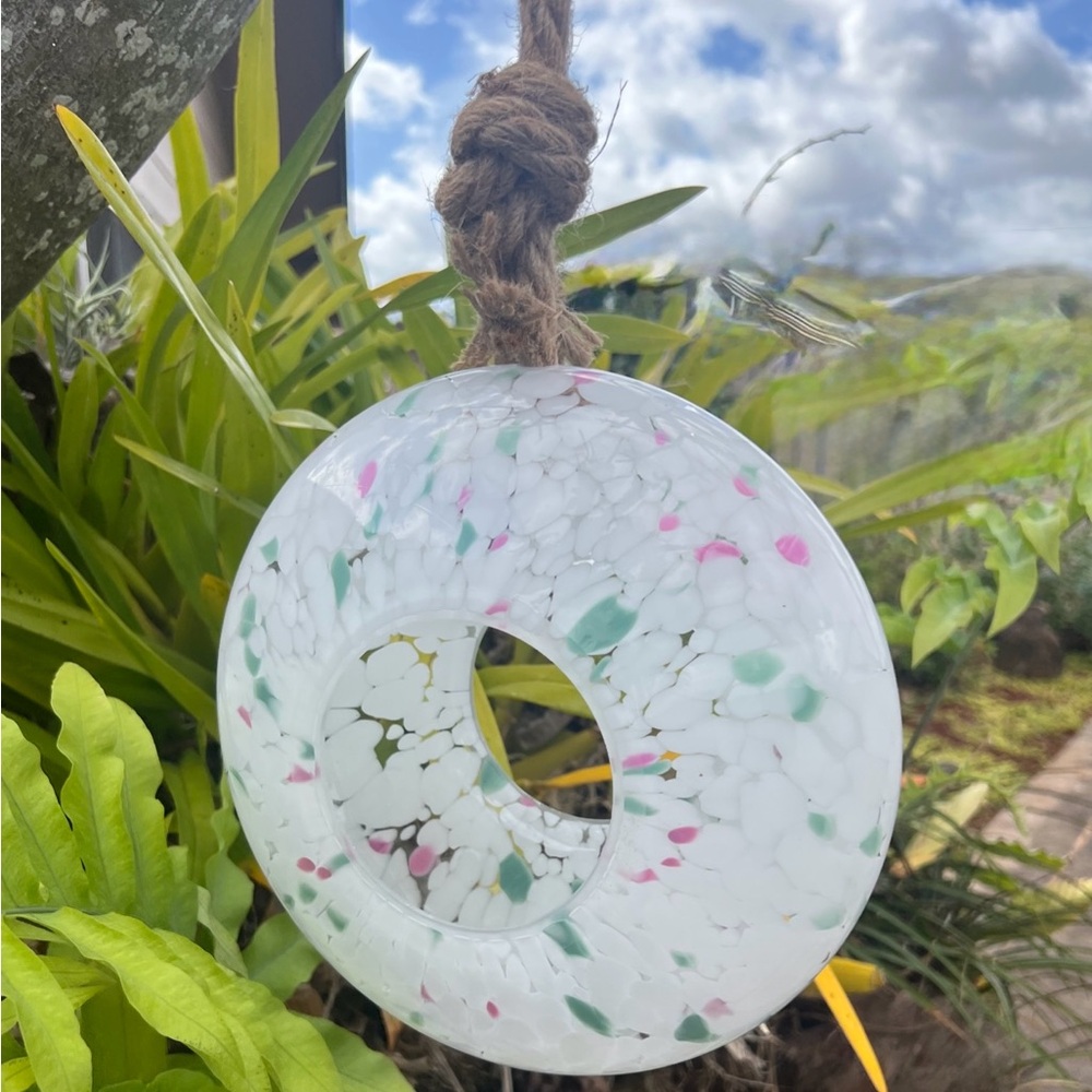 Hanging Planter / Bird Feeder Heavy Confetti Style Glass 8 1/2 x 4 inches